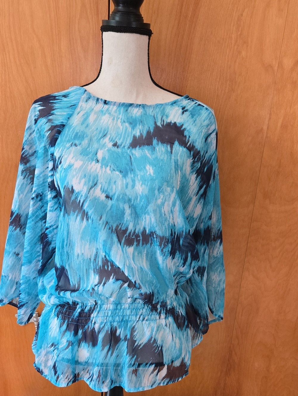 Chico's Turquoise and Navy Abstract Print Top